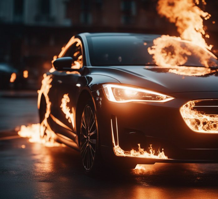 Um carro elétrico em chamas, ressaltando os riscos de incêndio associados à nova tecnologia.